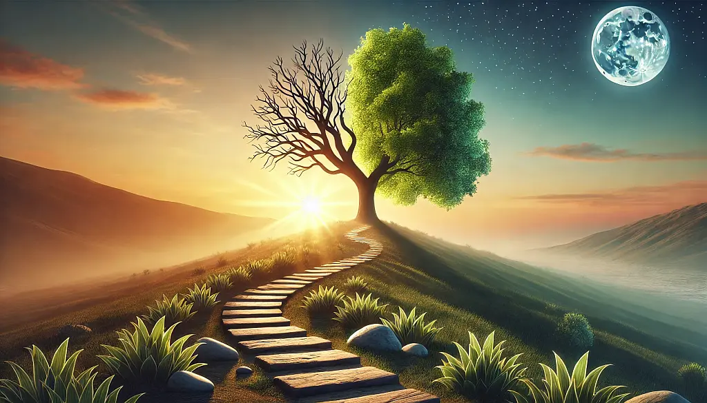 embracing failure through self-discipline. The serene landscape, the solitary tree with both lush and barren branches, and the winding path symbolize the journey of overcoming setbacks with hope and new beginnings.