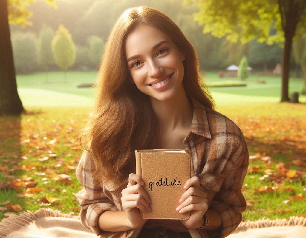 A person sitting in a serene park, smiling and holding a gratitude journal.